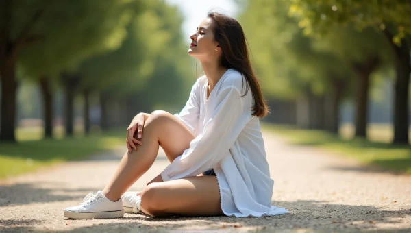 Woman Relaxing on Sunlit Gravel Pathway