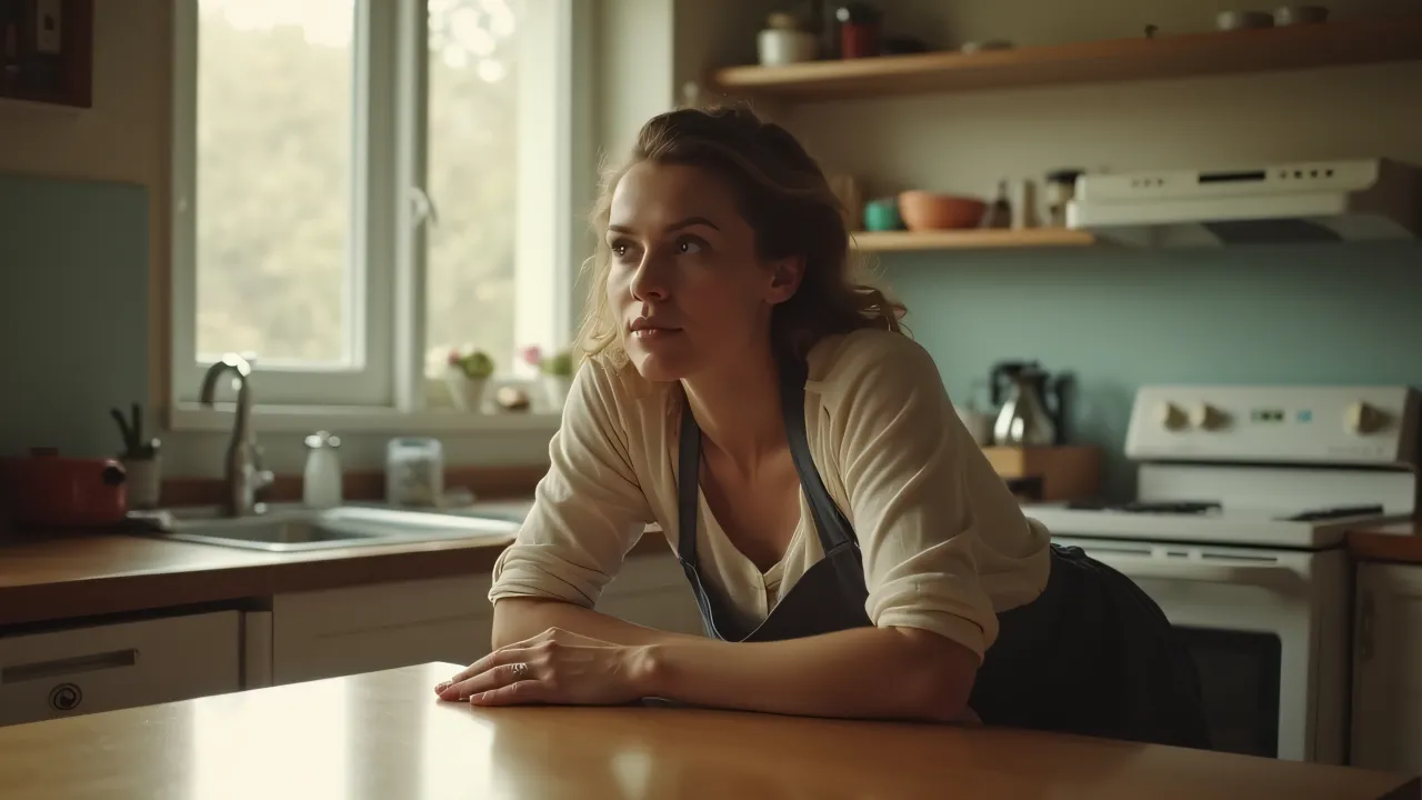 A woman leans casually on a wooden table in a sunlit kitchen, wearing an apron and relaxed.