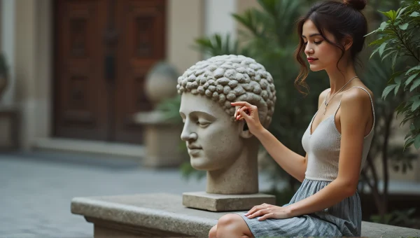 Woman Relaxing in Urban Courtyard with Statue