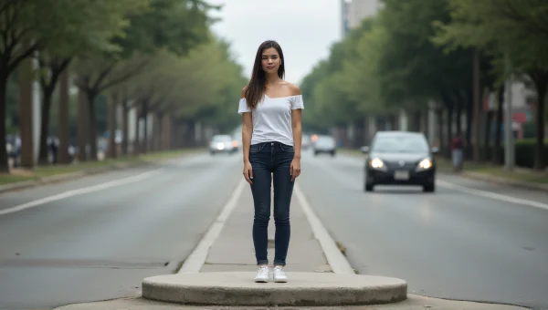Woman Relaxing on Urban Road Island at Midday