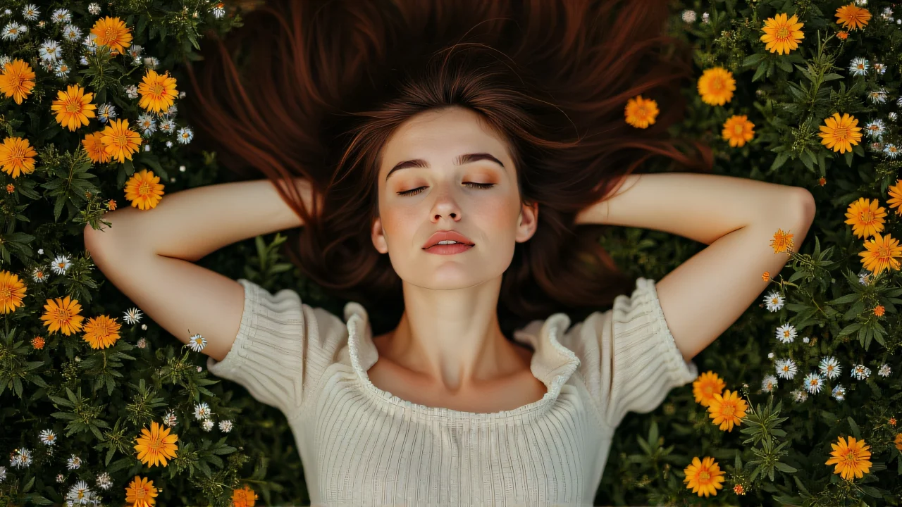 A woman lies on a colorful wildflower bed with arms outstretched, enjoying the tranquility.