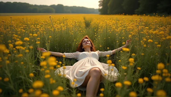 Woman Relaxing in Wildflower Field Under Sunlight