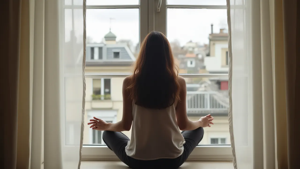 A woman sits on a windowsill, enjoying daylight and an urban view.