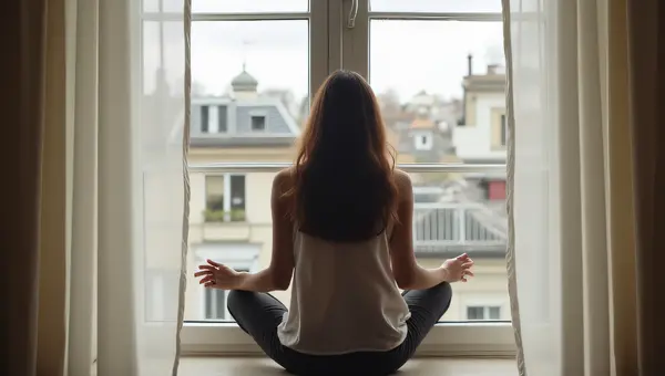 Woman Relaxing on Windowsill with Urban View