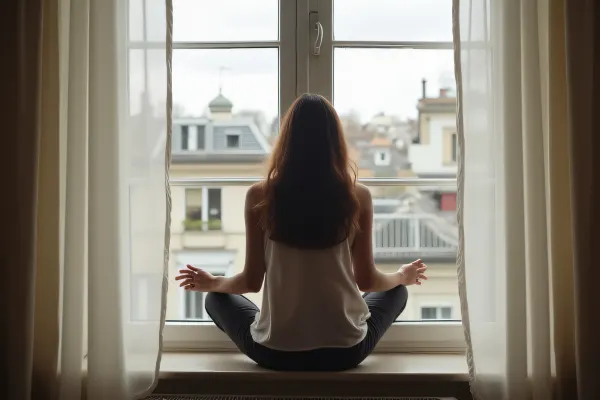 Woman Relaxing on Windowsill with Urban View