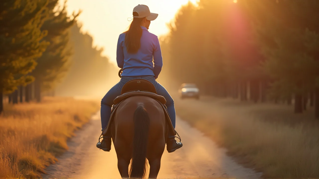 A woman in a blue shirt rides a brown horse on a sunlit dirt trail.