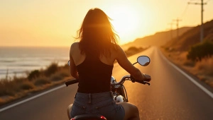Woman Riding Vintage Motorcycle On Coastal Road