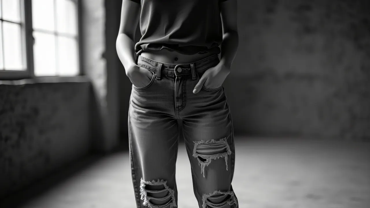 Grayscale photo of a woman in ripped jeans standing in an urban loft with soft lighting.
