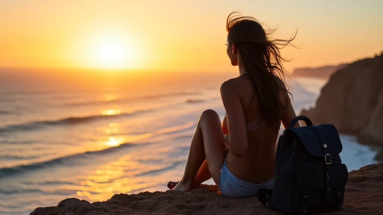 A woman sits on a cliff edge, gazing at the ocean sunset with her backpack nearby.
