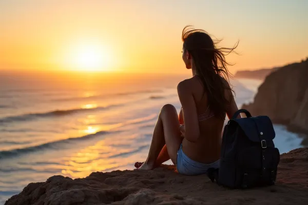 Woman on Rocky Cliff Overlooking Ocean Sunset