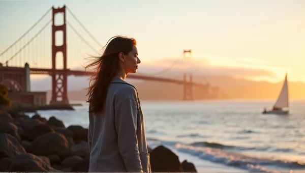 Woman On Rocky Shoreline Near Golden Gate Bridge