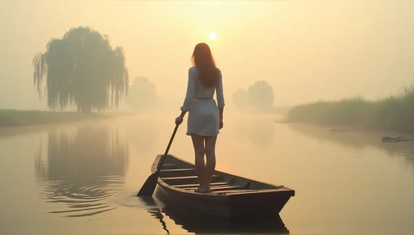 Woman Rowing Boat on Misty River at Dawn