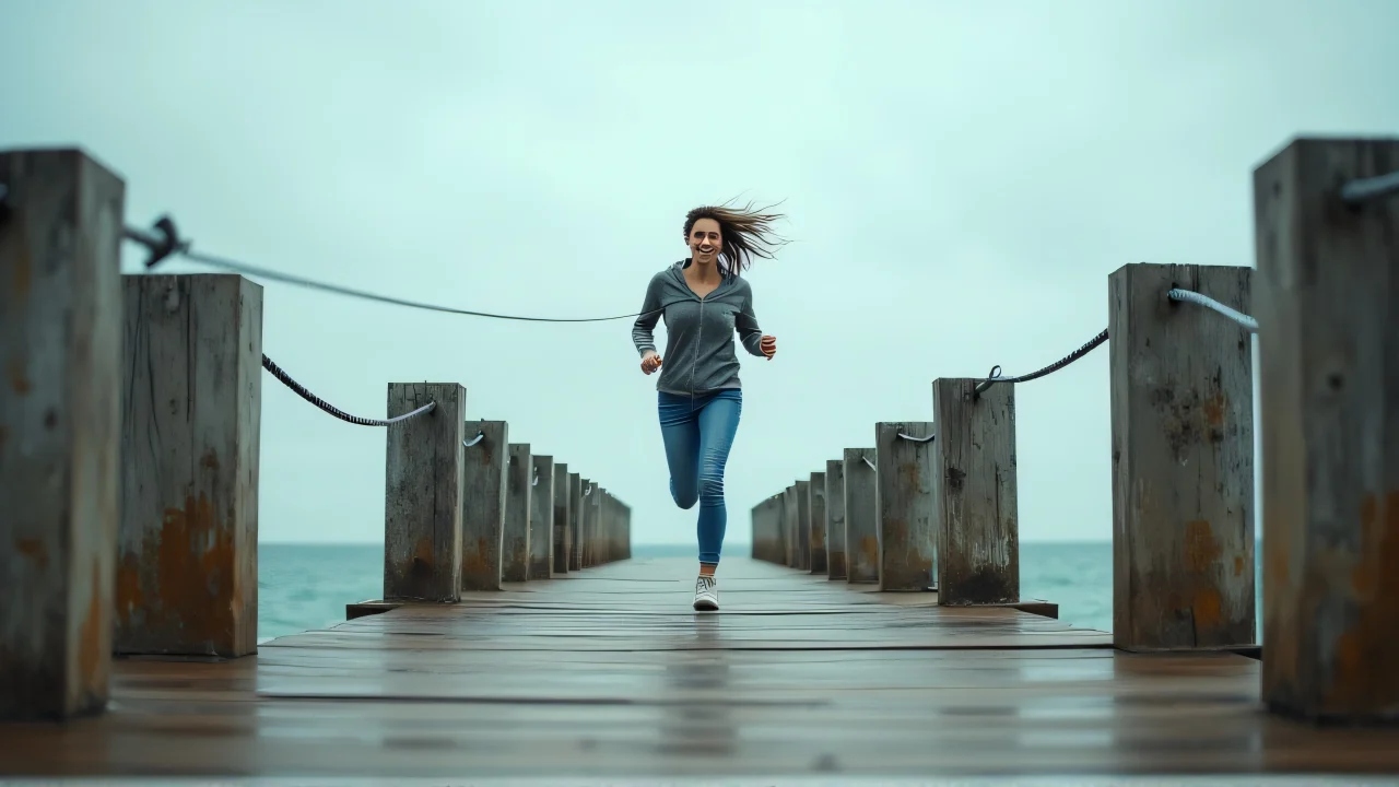 A woman sprints along a taut fishing line stretched between two weathered piers.