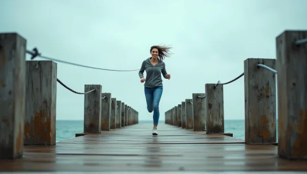 Woman Running Along Fishing Line Between Piers