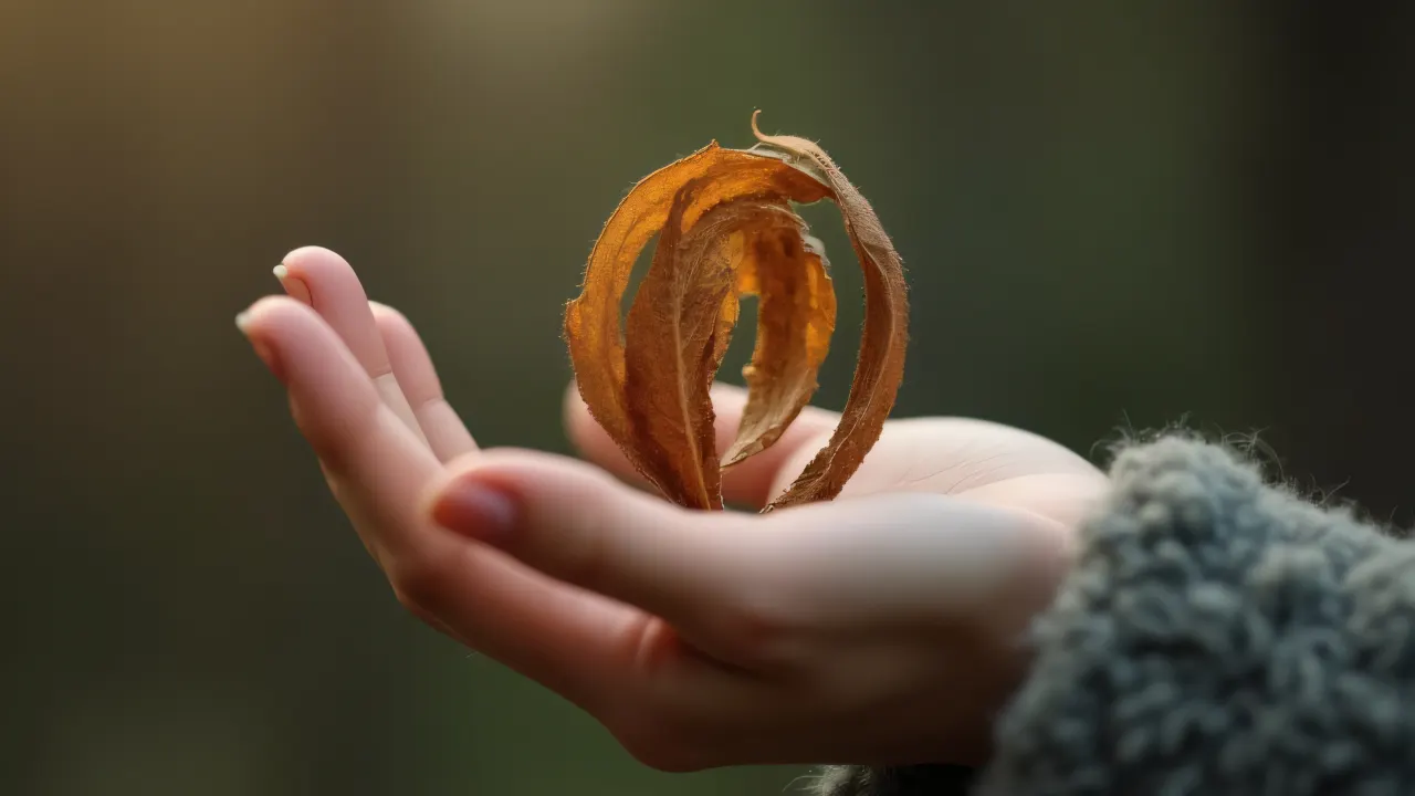 A woman's hand extends, holding a curled dry leaf in soft backlight.