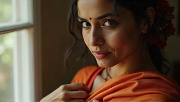 Woman in Saree Adjusting Pleats Natural Light