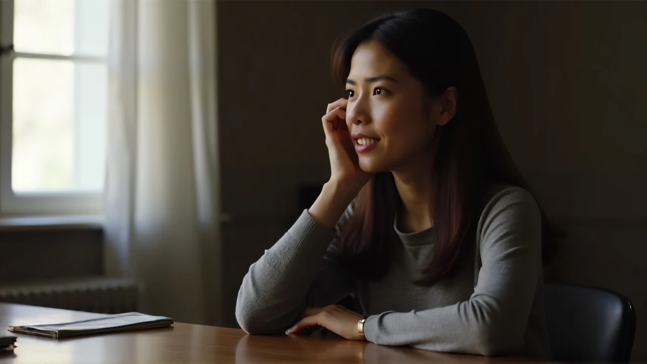 A woman in a long-sleeve top sits at a wooden table bathed in soft window light.