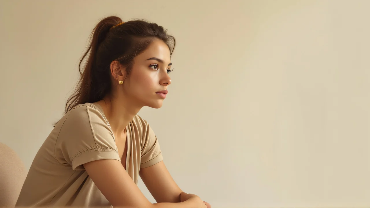 A woman in a beige top sits in a warm studio with a focused expression.
