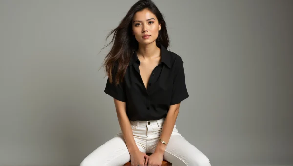 Woman Seated in Black Blouse and White Pants