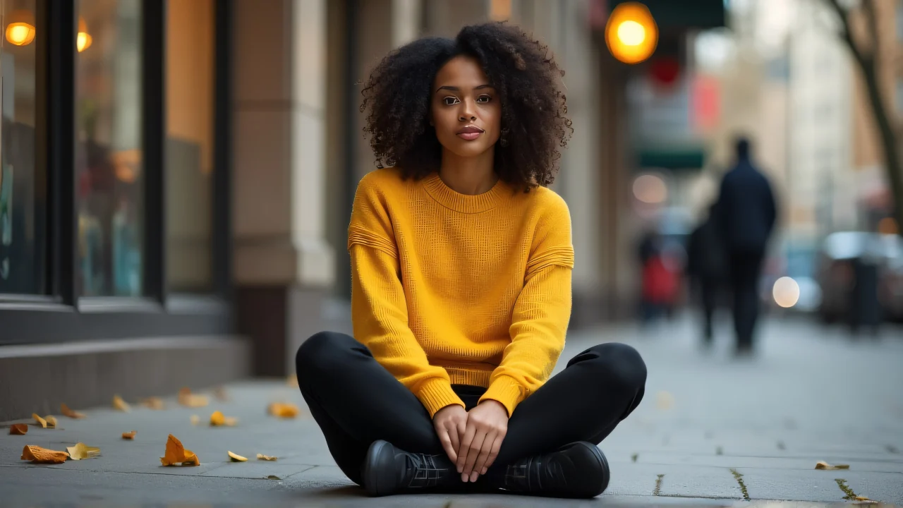 A woman in a yellow sweater sits cross-legged on a city sidewalk with leaves scattered around her.