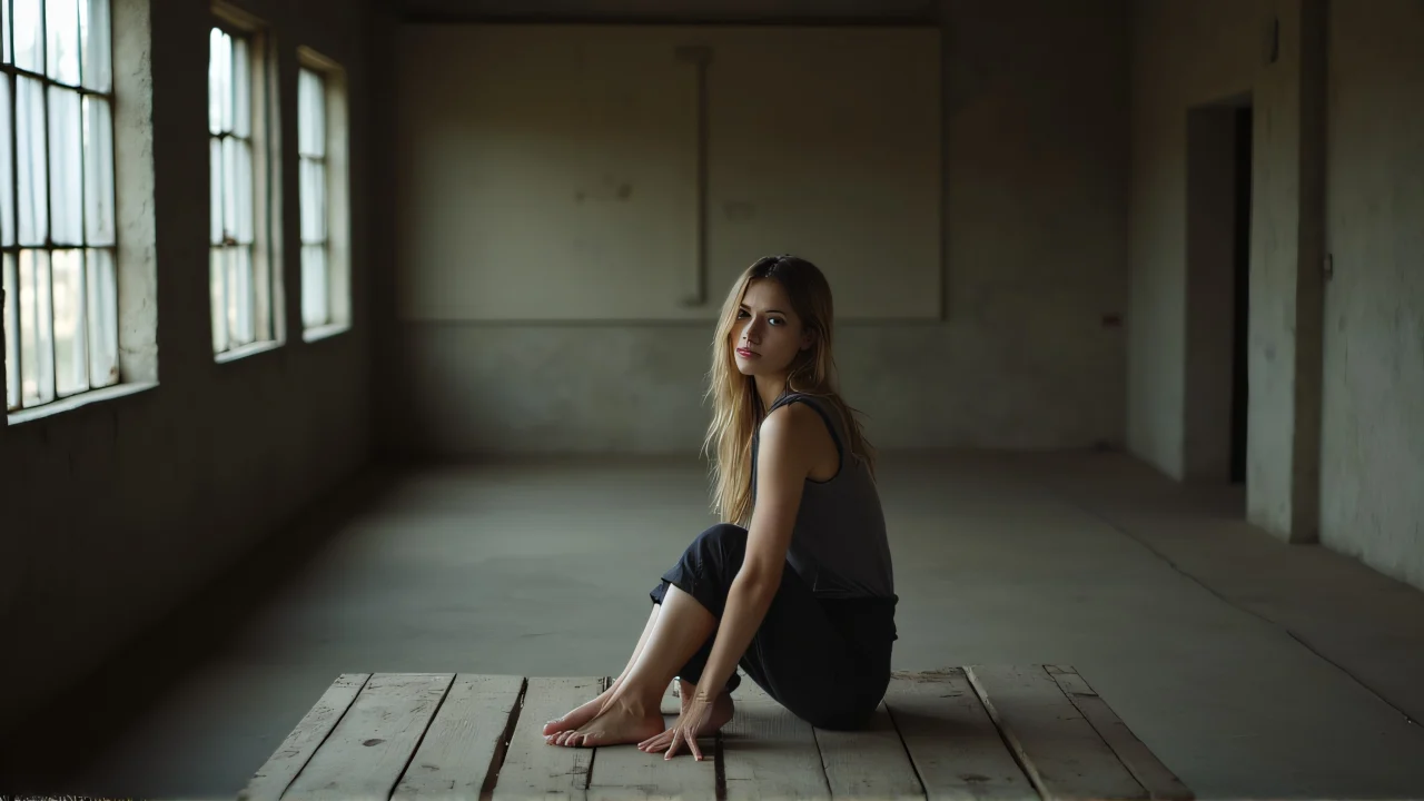 A woman sits on a wooden table in a warehouse, illuminated by soft window light.