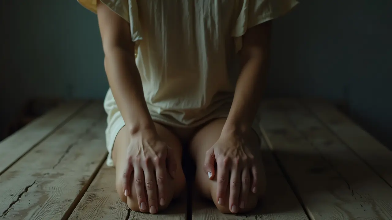 A woman sits on a weathered wooden surface with hands resting on her thighs, illuminated by soft sidelighting.