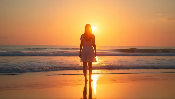 Woman Silhouette at Sunset Shoreline with Waves