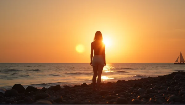 Woman Silhouette By Shoreline At Sunset