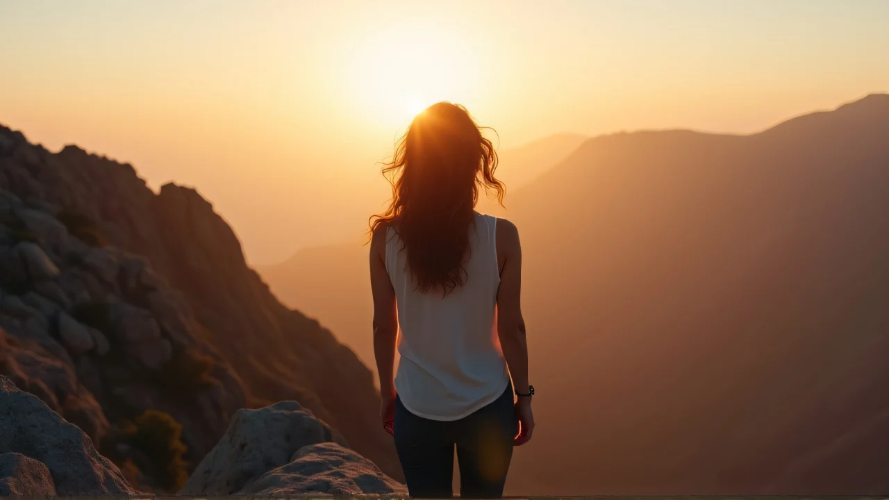 Woman standing alone as a silhouette on a mountain ridge at dawn, facing a distant valley.