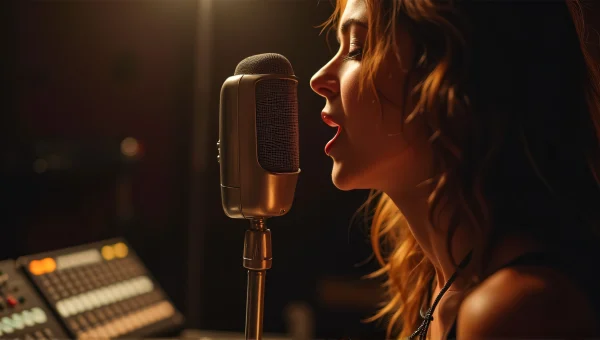 Woman Singing Into Vintage Microphone in Studio
