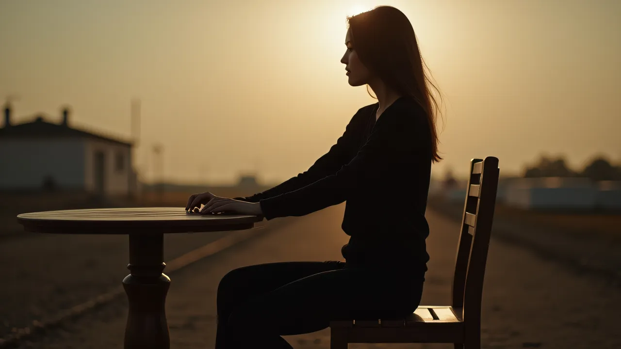 A woman in a black top relaxes on a wooden bench beside a small round table during soft evening light.