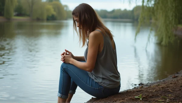 Woman Sitting by Riverbank with Willow Branches
