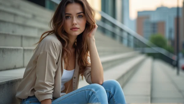 Woman Sitting On Concrete Stairs In Urban Setting