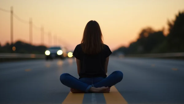 Woman Sitting Cross-Legged on Highway at Dusk