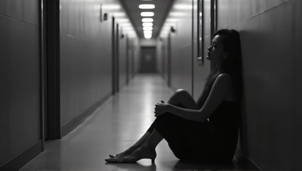 Woman Sitting In Empty Hallway Grayscale image