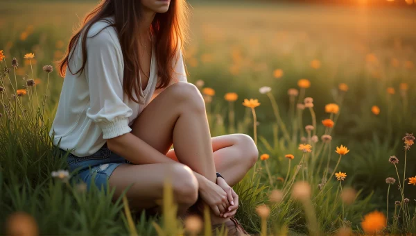 Woman Sitting on Grass Surrounded by Wildflowers