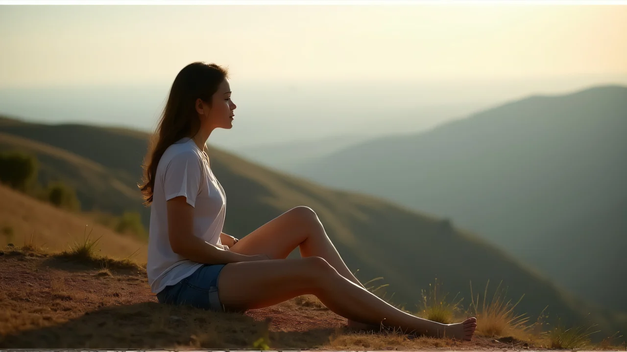 Profile view of a woman seated on the ground at a hillcrest, gazing at a distant ridge under soft horizon light.