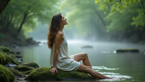 Woman Sitting On Mossy Rock By Misty River