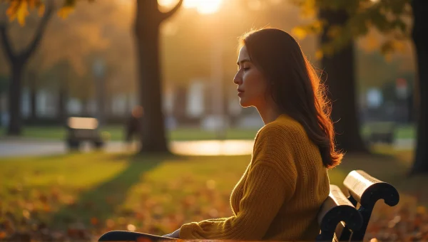 Woman Sitting On Park Bench During Golden Hour