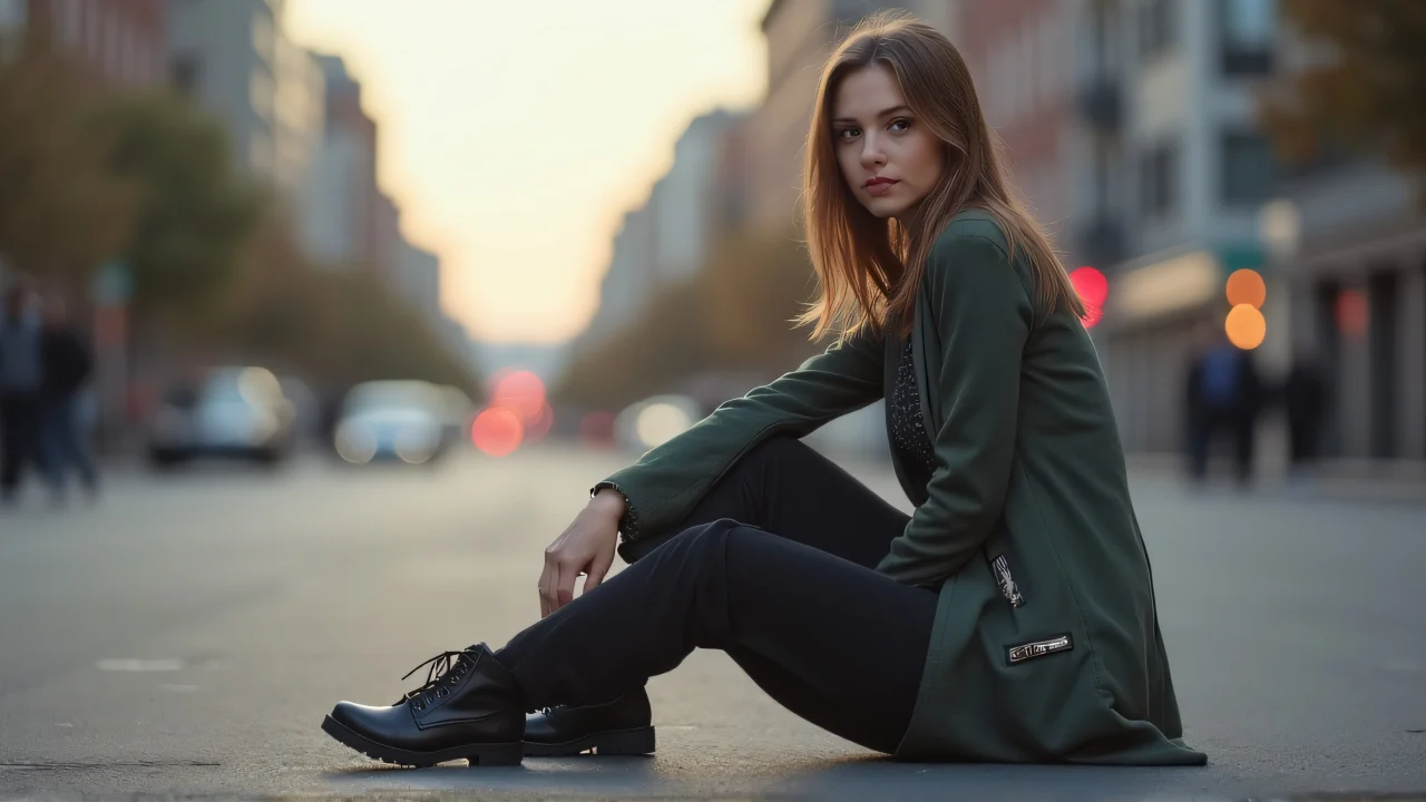 A woman sits on the pavement in a city during evening light.