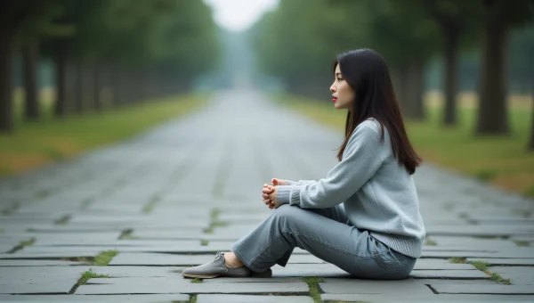 Woman Sitting on Stone Pathway in Soft Light