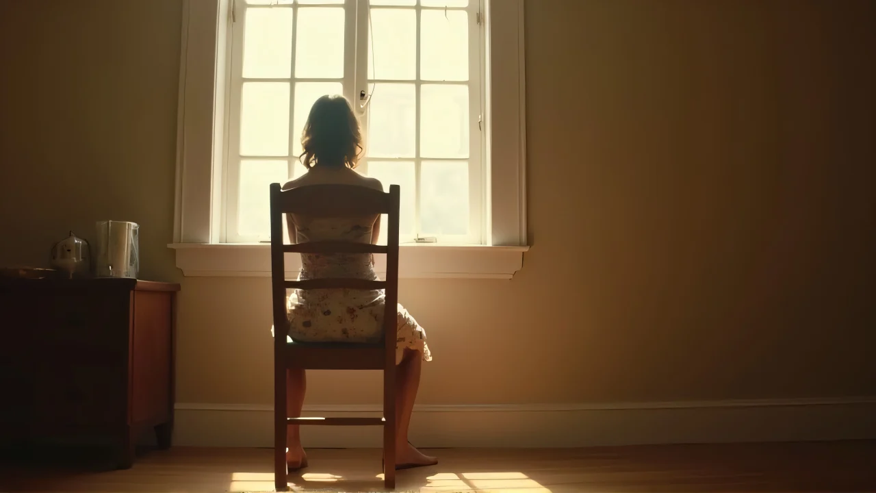 A woman relaxes on a wooden chair in a sunlit room.