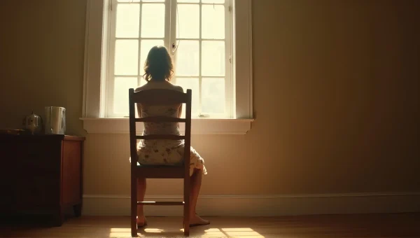 Woman Sitting in Sunlit Room With Wooden Chair