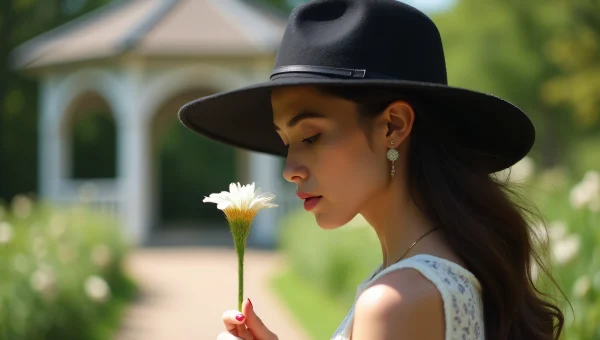 Woman Smelling Flower in Gazebo Setting