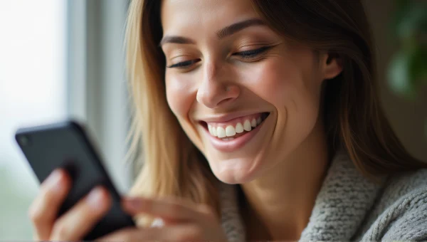 Woman Smiling at Smartphone in Natural Light