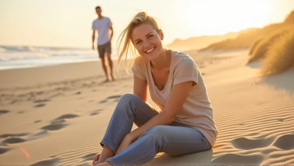 Woman Smiling on Beach with Man Behind Her