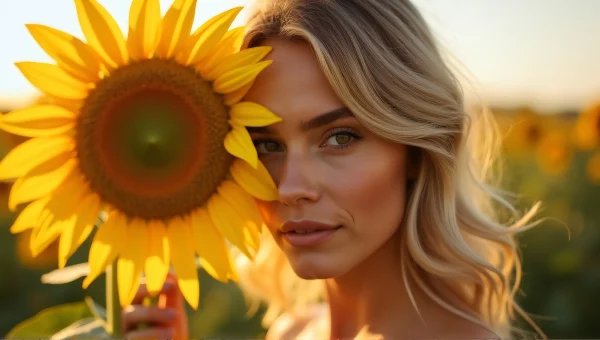 Woman Smiling Beside Sunflower In Golden Light