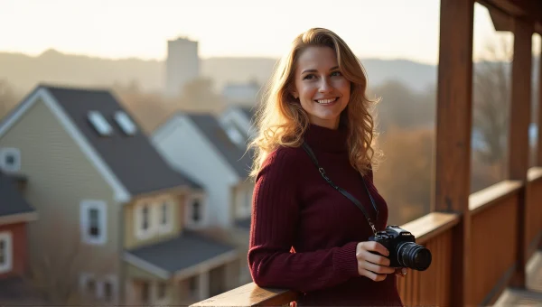 Woman Smiling on Veranda with Vintage Camera