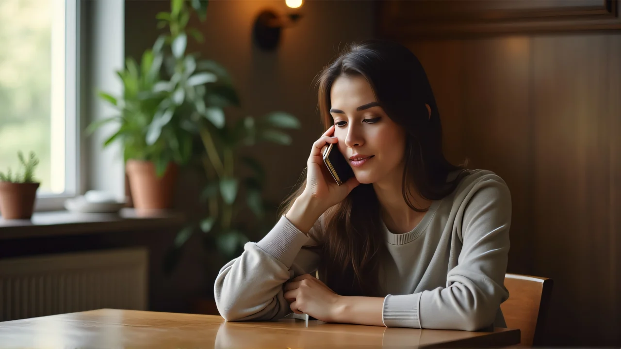 A woman engages in a conversation on her smartphone while seated at a wooden table.