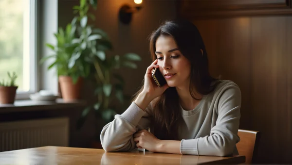 Woman Speaking on Smartphone at Wooden Table